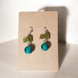 Vintage Green Turquoise Bead Dangle Earrings Handcrafted Jewelry Mother Of Pearl